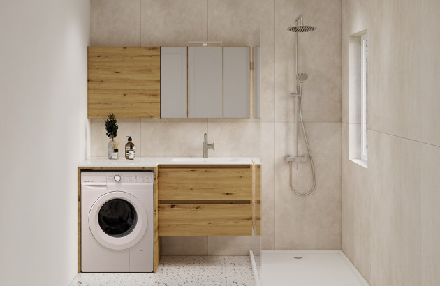 Petite salle d’eau moderne avec douche ouverte, meuble suspendu en bois clair et miroir rétroéclairé.