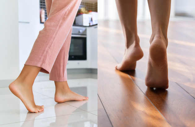 Femme qui marche pieds nus sur du carrelage vs Femme qui marche pieds nus sur du parquet