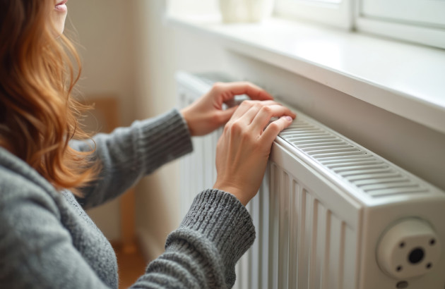Femme en pull qui pose ses doigts sur un radiateur