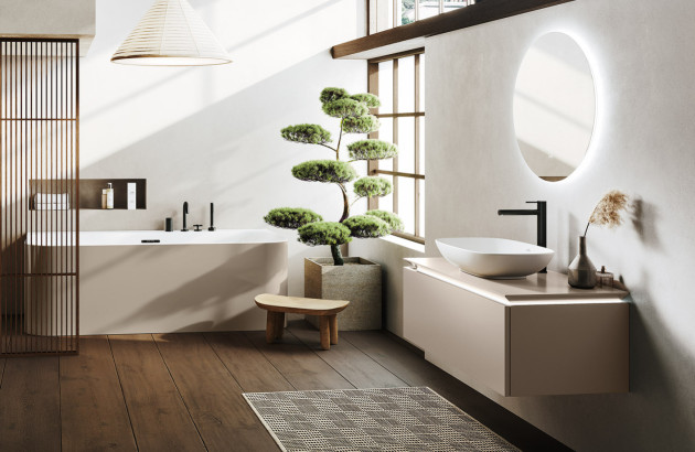 Salle de bains lumineuse et propre avec une plante tropicale