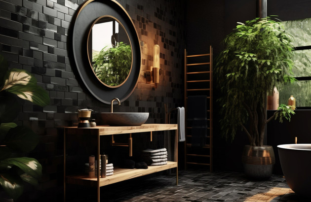 Salle de bains avec vasque et miroir rond, murs habillés de zellige noir et touches végétales.