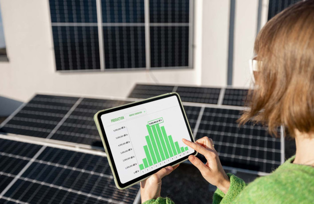 Femme qui contrôle la production énergétique de ses panneaux solaires