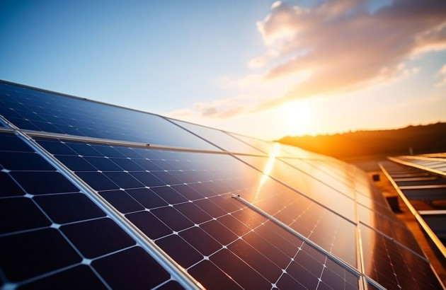 Coucher de soleil qui reflète sur une installation de panneaux solaires