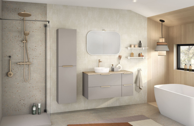 Salle de bains de style campagne chic avec des couleurs neutres