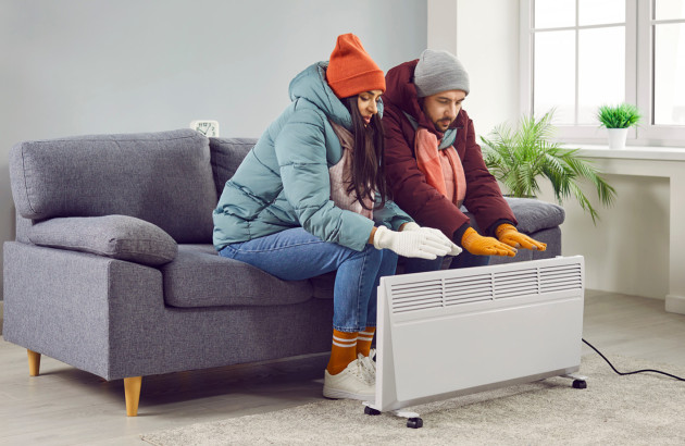 Couple assis sur un canapé qui se réchauffe les mains au dessus de leur radiateur, ils ont froid