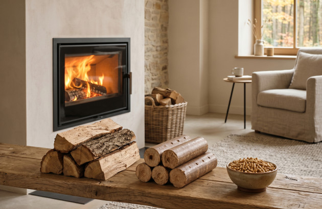 Comparaison visuelle de bûches, granulés et bois densifié devant une cheminée moderne encastrée.