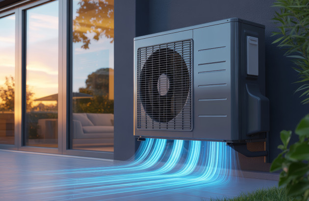 Pompe à chaleur extérieure en fonctionnement avec visualisation du flux d’air et de l’échange thermique.