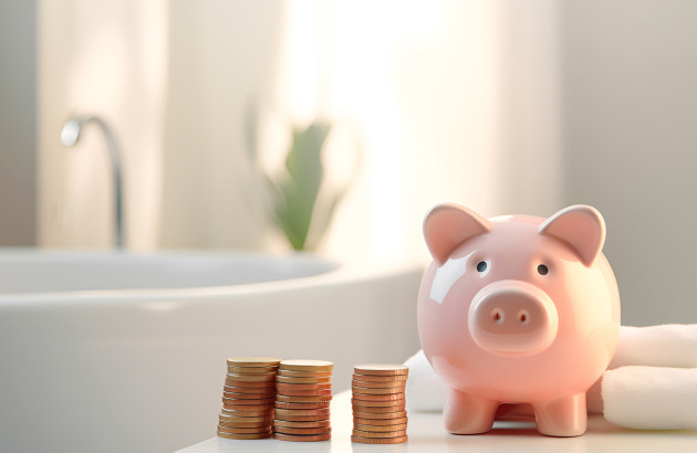 Cochon tirelire posé sur un meuble devant une baignoire