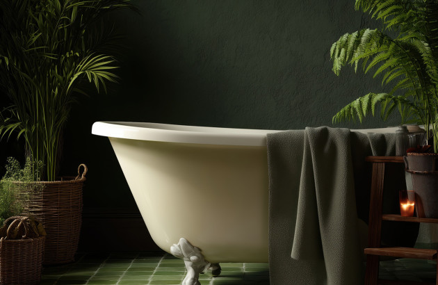 Baignoire sur pieds dans une salle de bains sombre