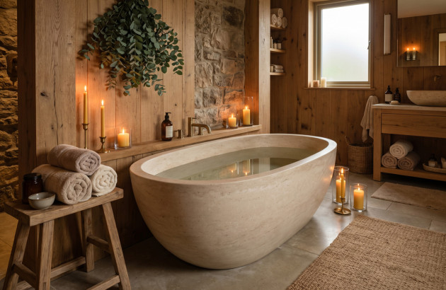 Baignoire en pierre naturelle dans une ambiance spa chaleureuse éclairée à la bougie.