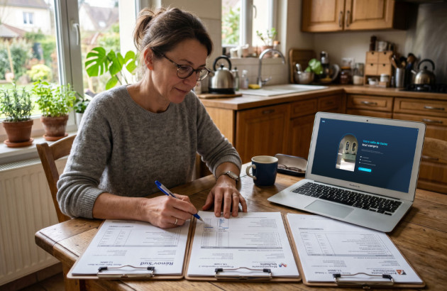 Femme préparant le budget de rénovation de sa salle de bains à domicile avec devis et ordinateur portable.