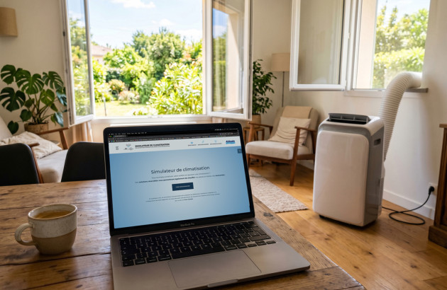 Climatiseur mobile avec gaine d’évacuation dans une maison lumineuse, accompagné d’un ordinateur affichant un simulateur de climatisation.