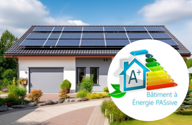 Maison équipée de panneaux solaires avec un schéma maison à énergie passive