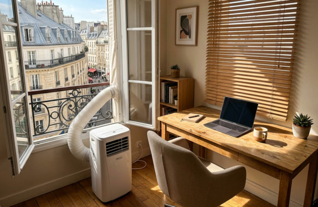 Bureau avec climatiseur monobloc mobile installé près d’une fenêtre dans un appartement urbain.