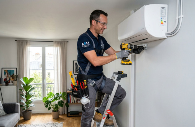 Technicien installant une climatisation monosplit murale dans un appartement moderne.