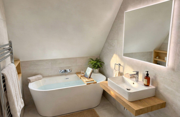 Salle de bains sous pente avec baignoire îlot et vasque design.