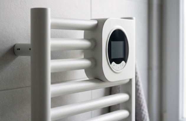 Gros plan sur le thermostat numérique d’un sèche-serviettes électrique permettant un réglage précis de la température.