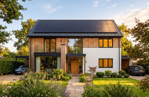 Maison familiale à ossature bois avec installation photovoltaïque en toiture