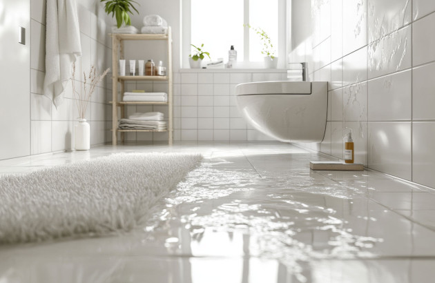 salle de bain moderne inondée d'eau avec du carrelage blanc avec toilette et tapis
