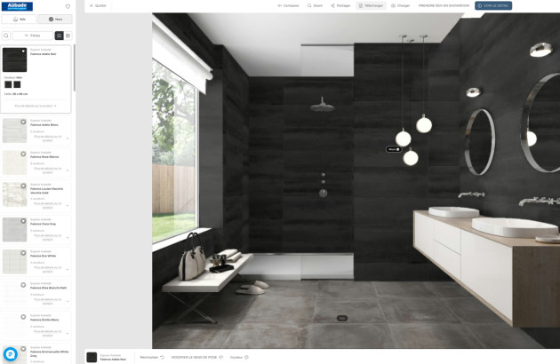 Simulation 3D d’une salle de bains avec carrelage noir, outil de configuration en ligne pour projeter son projet