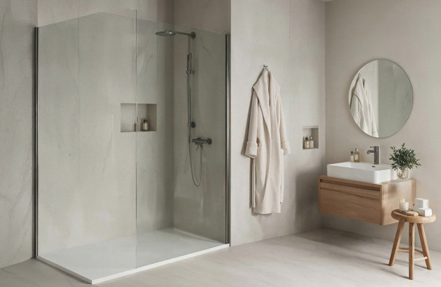 Salle de bains lumineuse avec douche et meuble vasque en bois.
