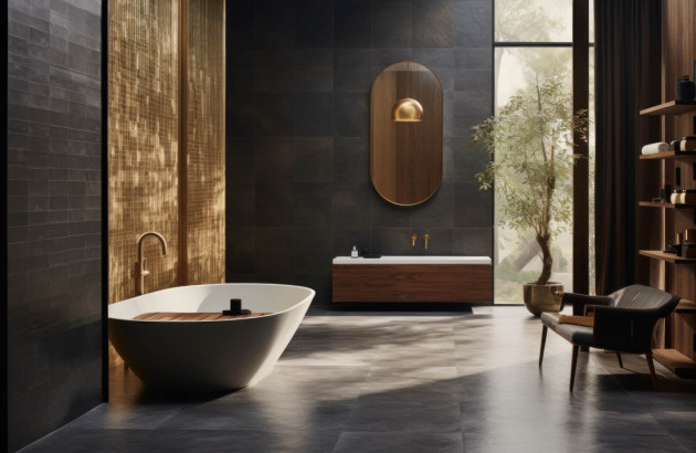 Salle de bains aux murs noirs avec une baignoire ilot