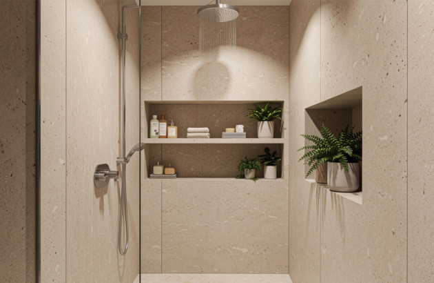 Douche à l’italienne avec niches murales pour le rangement des produits