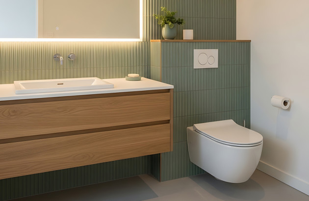 WC suspendu sans bride intégré dans une salle de bains contemporaine, avec meuble vasque en bois, carrelage mural vert texturé, plaque de commande encastrée et design épuré gain de place.