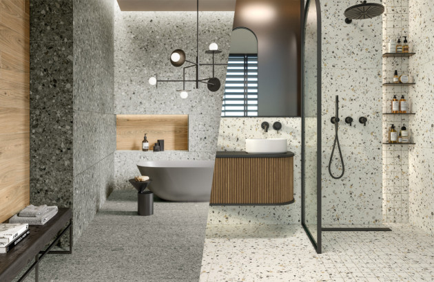 Exemples de salles de bains en total look carrelage