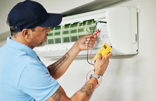 technicien qui utilise un multimètre jaune pour vérifier les connexions électriques et les composants d'un climatiseur mural blanc