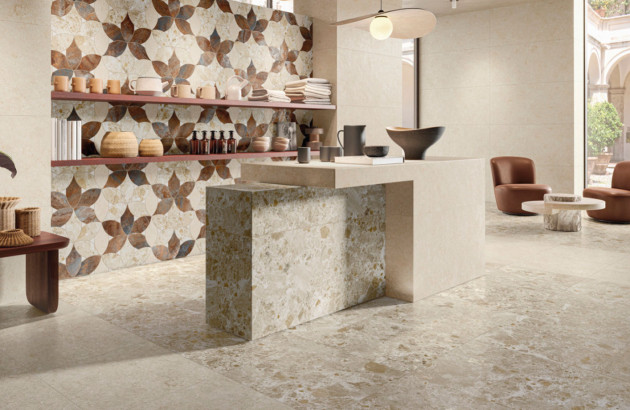 Salon de maison avec différents matériaux de mosaïque