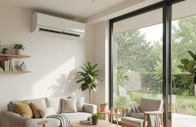 Salon moderne équipé d’un climatiseur réversible pour assurer le confort thermique toute l’année.