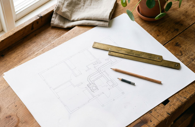 Plan de maison posé sur une table avec règle et crayon