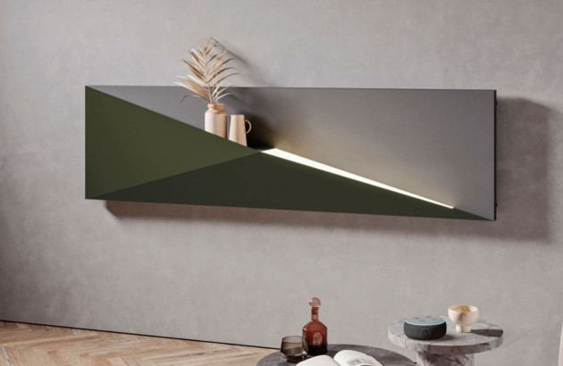 Radiateur design horizontal vert et blanc avec une plante