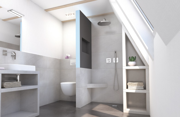 Douche sans seuil installée dans une salle de bains compacte