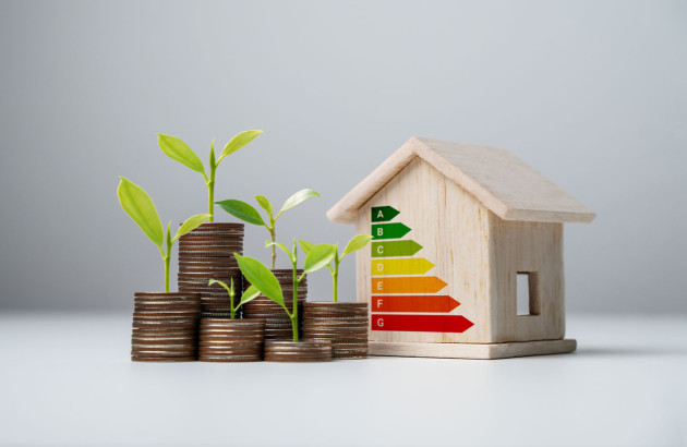 pièces de monnaie avec des jeunes pousses à côté d'une maison affichant une étiquette d'efficacité énergétique