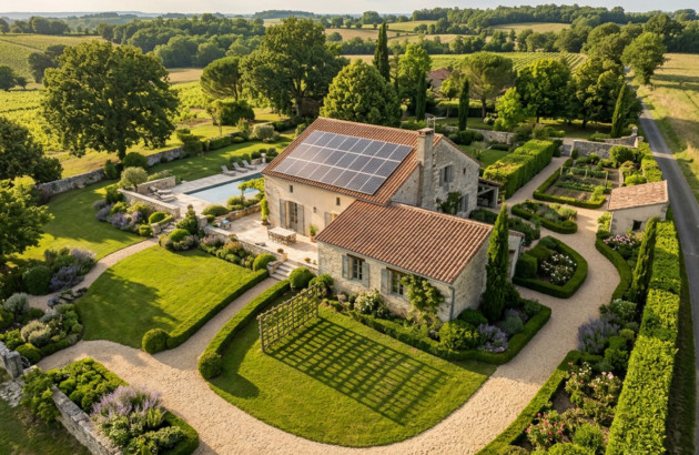 Propriété résidentielle avec toiture photovoltaïque au cœur d’un environnement verdoyant