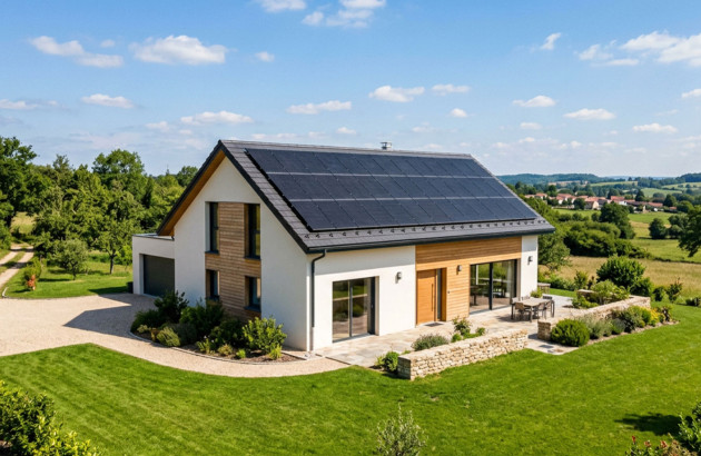 Maison individuelle équipée de panneaux solaires photovoltaïques sur une grande partie de la toiture.