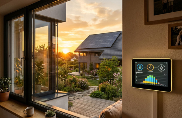Suivi de la production et de la consommation d’électricité solaire depuis un écran de contrôle dans la maison.