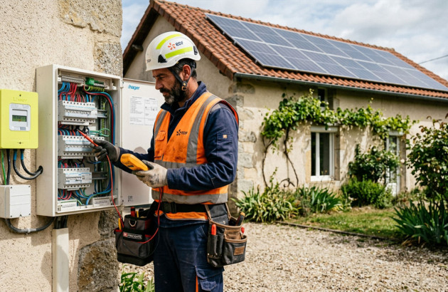 Technicien contrôlant une installation électrique reliée aux panneaux photovoltaïques d’une maison.