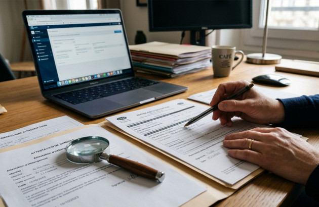 Documents administratifs examinés et complétés à côté d’un ordinateur portable.