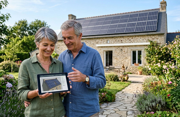 Couple consultant sur une tablette les informations relatives à son installation photovoltaïque.