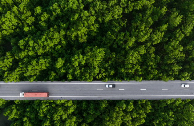 Route vue du ciel qui passe au centre d'une forêt