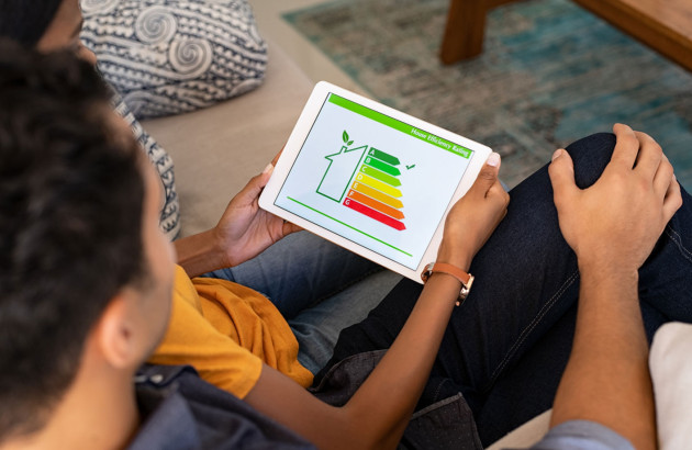 Coupe qui regarde une tablette avec un diagramme de performance énergétique