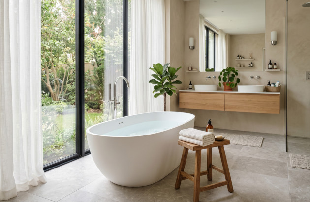 Grande baignoire îlot placée devant une baie vitrée avec vue sur un jardin verdoyant.