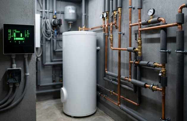 Ballon d’eau chaude thermodynamique et installation technique de chauffage performant en local technique