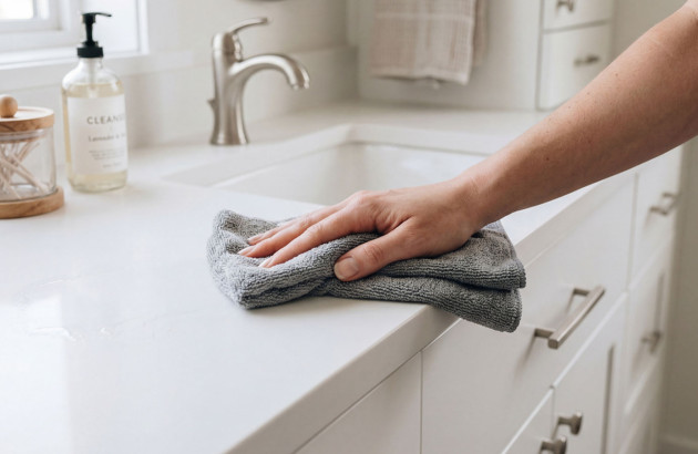 Nettoyage d'un meuble de salle de bains avec un chiffon microfibre