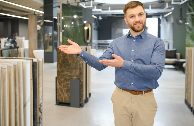 Homme qui présente des carrelages dans un showroom