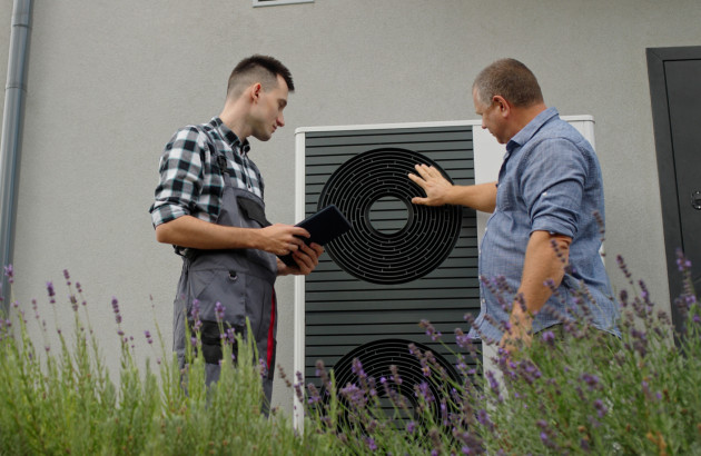 Technicien échangeant avec un particulier lors du contrôle d’une pompe à chaleur installée à l’extérieur d’une habitation.