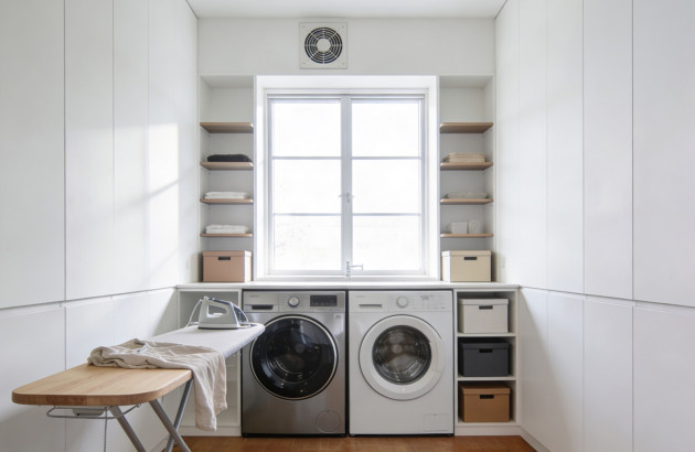 Buanderie fonctionnelle avec lave-linge, sèche-linge et rangements intégrés